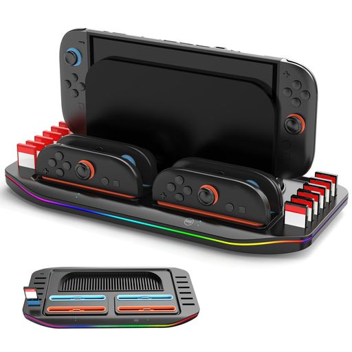 【Switch 2 充電スタンド】Switch 2 ジョイコン 充電はニンテンドースイッチ2のゲーム機に適しており、磁気吸引接続設計を採用し、プラグアンドプレイ、ハンドルの寿命を延長する。しかも、高品質の素材を使用し、耐摩耗性があり、壊れにくい、長期間使用できます。 【高効率充電と充電保護】ジョイコン2 充電器は4つのJoy cons用コントローラを同時に充電することができる。充電速度が速く、待ち時間を減らし、急速に電力を補充し、プレイヤーがいつでもゲームに投入できるようにします、ハンドルの電源が切れてゲーム体験に影響を与える心配がなくなります。Switch 2 ジョイコン充電器は保護回路があり、充電中に電圧、過電流、短絡などの潜在的な安全上の危険性の影響を受けないように設計されており、安心して使用できるように設計されています、安全で信頼性があります。 【RGBライト効果付き】このジョイコン2 充電器には充電ランプとRGB環境光が搭載されており、キーを押すと、ライトの9種類のRGBライト効果を切り替えることができます。