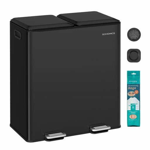 SONGMICS ゴミ箱 ふた付き 分別 2x30L キッチン用 大容量 ペダル式 スチール製 ソフトクローズ蓋 取り外し可能インナーバケット 消臭ポット・ゴミ袋付属 ブラック LTB743B02