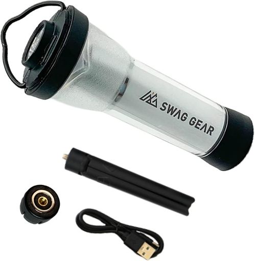 【製品仕様】SWAGGEAR(スワッグギア)フラッシュライト 色:シルバー 材質:ABS+PC サイズ:Φ3.8cmX9.8cm 重量77g 電池効率:5w 電池容量:2600mAh 明るさ:14lm~250lm 色温度:3000k&amp;4000k 充電:USB Type-C 点灯モード:フラッシュライト/ランタン(HIGH)/ランタン(LOW) 防水等級:IPX4生活防水レベル(水滴がついても壊れづらい防水性能)付属品:ライト本体x1、マグネットブラケットx1、ミニトライポッドx1 【小さい体で大きなパワー】長さ9.8cm、直径3.8cmコンパクトなサイズで、最大250lmで光ります。2600mAhバッテリー容量で点灯効率が良くて、最大120H超長い点灯することができます。 【2WAYランタン】点灯モードが3種類搭載しています。本体上部には、懐中電灯のように1点に的を絞って照らせるフラッシュライト機能付きです。カバンの中を探したい時やピンポイントに照らして作業したい時には便利! 【3種の調光可能】懐中電灯、双方向キャンプライト、片側省エネキャンプライト。