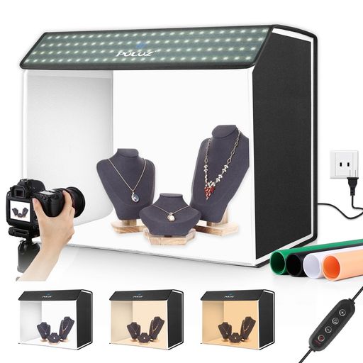 PULUZ撮影ボックス60x50x40cm撮影ブース折り畳み物撮りセット672個LEDビーズ/超高輝度/3色温度/無段階調光/4色PVC背景/ディフューザー付き卓上写真撮影キット物撮り用ボックスプラモデル撮影…