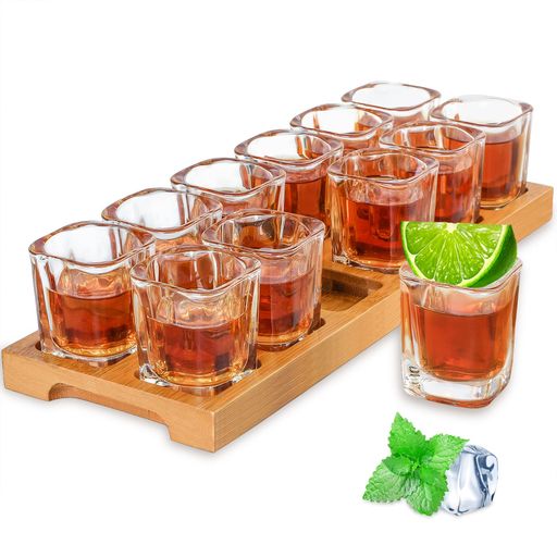 INFTYLEショットグラスセット-2オンス/60ml12個セットショットグラストレイホルダーセットクラブバーパーティー用厚底(12個)