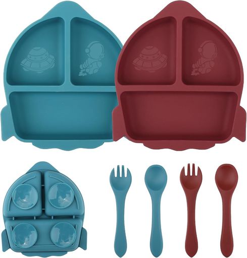 シリコンプレートベビー食器ひっくり返らない4点セット吸盤付き仕切りすくいやすい赤ちゃんかわいい洗いやすい電子レンジ食洗機出産祝い(レッド+ブルー)