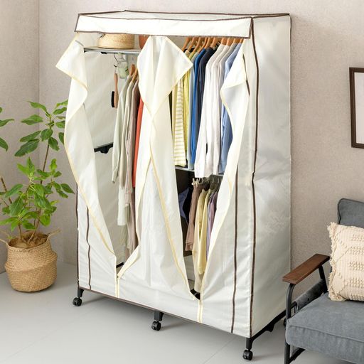 ドウシシャ ハンガーラック カバー付き ワードローブ 幅120cm 頑丈 全体耐荷重36kg キャスター付き 大容量 白 アイボリー スリム おしゃれ 2段 幅120x奥行50x高さ183cm 洋服収納 パイプハンガー …