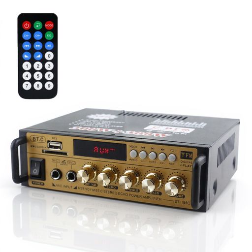 【Bluetoothオーディオサウンドアンプ ・交換性抜群】このオーディオパワーアンプはBluetooth対応できるワイヤレス車載用、家庭用ステレオレシーバーです。ブルートゥース機能を備えるので、スマートフォン、タブレット、ラップトップなどブルートゥースデバイスに簡単に接続できて、とっても便利なアイテムです。また、USB/SDインタフェースを搭載し、プラグアンドプレイで、高品質の音楽を自由に楽しむことができます。 【HIFIパワーアンプ】弊社のカラオケアンプは高性能チップを採用することで、まるでCD音源を再生しているような高音質サウンドを実現します!メインボリューム、トゥイーター、およびベースはすべてアナログコンポーネントによって規制されており、音楽の性質をより忠実に復元し、実際の音楽を聴いて、本当のHIFIサウンドエフェクトを提供できます。家庭用も車載用も最適です。 【デジタル ステレオ オーディオ アンプ】スピーカーの音声増幅デバイスには、オーディオソースとセレクター用のくっきりしたボタン、イコライゼーション用のロータリーノブ、マスターボリューム調整があります。