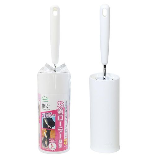 幅:約16cm 全長:約33cm 本体重量:約586g 本体・ケース:ポリプロピレン シャフト:スチール テープ:粘着加工紙(16cmx15周)※1本付 原産国:中国 置き場所を選ばない縦型粘着ローラー。各社共通サイズ