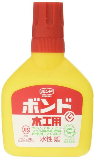 木,布,紙 個装形態:ボトル 性状:酢酸ビニル樹脂系エマルジョン形 NET(個装):50g 個装サイズ(重量):W55xD28xH91(65g) 木・布・紙の接着(耐水性を必要とする用途には不可)
