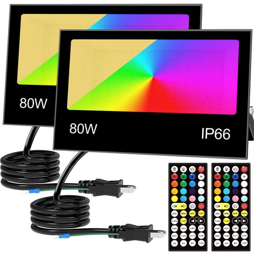 【主な仕様】:「80W LED投光器」;「色温度:RGB カラー + 2700K(暖白色)、8000lm」;「ランプ本体の厚さは 4.5cm で、放熱効果と外観を両立しています」;「LED発光源:SMD3030 + SMD5050」;「CRI >85」;「発光角度:120°」;「ケーブル:1.5m」;「入力電圧:AC 100-110V 50~60Hz」;「接地線付きプラグ」;「重さ:0.85kg 」;「防塵防水:IP66」; 「放熱設計:アルミ材質と櫛形ヒートシンク」。 【RGB カラーモード】:この LED 投光器はリモコンのボタン操作で簡単に制御でき、16 色の色選択、6 種類のライト変化モード、さらに明るさを 10 段階で調節できる機能を備えています。祝日パーティーの照明や、家屋の外壁、芝生、門廊、庭園、ガーデン、木の下などの屋外装飾に適しており、水族箱用ライトとしても活用できます。 【暖白光モード】:この投光器は RGB カラーモードに加えて、専用の暖白色(色温 2700K)を備えており、明るさ 8000lm で日常照明に使用できます。