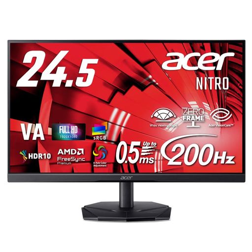 Acer 24.5インチ フルHD 200Hz 0.5ms(GTG) 広視野角 VA 非光沢 sRGB 99% AMD FreeSync Premium HDR10 ブラックブースト VRB対応 ブルーライト低減 HDMI 2.0 DisplayPort