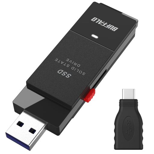 バッファロー SSD 外付け 500GB USB3.2 GEN2 読込速度600MB/秒 PS5/PS4メーカー動作確認済 コンパクト 小型 TYPE-Cアダプター付属 ブラック 【 IPHONE 17 / 17 PRO 動作確認済み 】