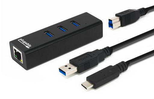 PlugableUSB3.0ハブバスパワー3ポート有線LANイーサネットUSB-C対応WindowsmacOSLinuxChromeOS互換(USB-Cケーブル、USBType-Aケーブル付)