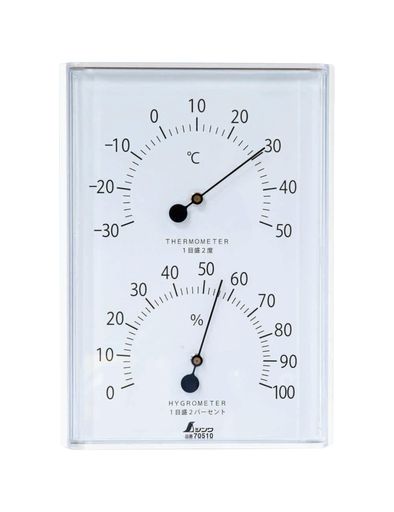 測定範囲:温度:‐30~50°C、湿度:30~80% 精度:温度 -20~40°C:プラスマイナス2°C、それ以外:プラスマイナス4°C 湿度 30~80%:プラスマイナス10% 1目盛:温度:2°C、湿度:5% 裏面フック穴付き薄型、壁掛けタイプの温湿度計です。
