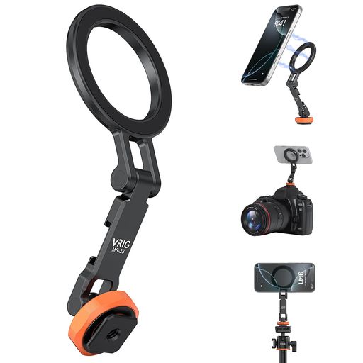 VRIGmagsafe用三脚マウントカメラスマホホルダースマホ三脚マグネットアルミ合金製スマホホルダー三脚片手操作超強力磁力角度調整折りたたみ式コールドシュー付き