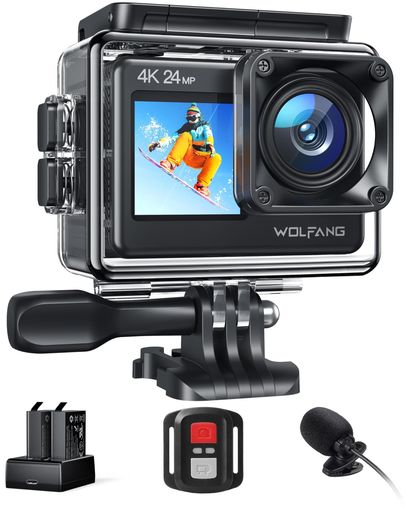 WOLFANG GA200 アクションカメラ 4K 24MP 防水40M デュアルスクリーンカメラ EIS手振れ補正 WiFi調整可能な広角 Vlogカメラ (充電器、2つのバッテリー、リモコンとアクセサリーキット)