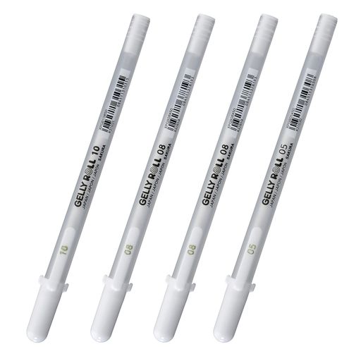 【セット内容】ジェリーロール ホワイトx3種4本入り(0.5mm/1mmx各1本、0.8mmx2本) 【インク】不透明調の水性ゲルインクで濃い色の紙や写真にもあざやかに発色 【用途】イラスト・メッセージカードやアルバム・スクラップブッキング、ゼンタングル(zentangle)のオリジナルアート制作などに 【本体サイズ】最大径約1cmxキャップ付き15.3cm/本 【材質】本体・キャップ・尾栓:PP/ペン先:ステンレス/ボール:セラミック