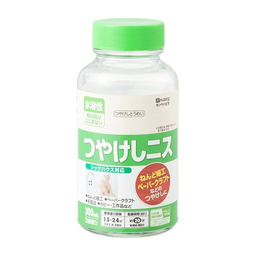 【乾燥・塗重時間】【20°C】乾燥時間:約 20 分 塗重時間:約 1 時間以上 【冬期】乾燥時間:約 40 分 塗重時間:約 2 時間以上 ■スプレー 【20°C】乾燥時間:約 10 分 塗重時間:約 30 分以上 【冬期】乾燥時間:約 30 分 塗重時間:約 1 時間以上 【塗り面積(2回塗り)】 100ml:平方メートル:約 0.5 ~ 0.8 m2 タタミの広さ:約 0.4 枚分 300ml:平方メートル:約 1.5 ~ 2.4 m2 タタミの広さ:約 1 枚分 スプレー300ml:平方メートル:約 0.8 ~ 1 m2 タタミの広さ:約 0.6 枚分 【特長】 ■[イラストの仕上げ剤に]絵の具やポスターカラーの上から塗っても溶かさず、にじまず、美しいつやけしとうめいに仕上がります。 ■[汚れからガード]耐水性のある丈夫な塗膜をつくり、長期間汚れを防ぎます。 ■[建築基準法対応塗料F星(白抜き)星(白抜き)星(白抜き)星(白抜き)](スプレーを除く)安心・安全の環境にも配慮したF星(白抜き)星(白抜き)星(白抜き)星(白抜き)の製品です。 ■[滑らかな仕上り](スプレーのみ)刷毛跡が付かず、滑らかに仕上がります。