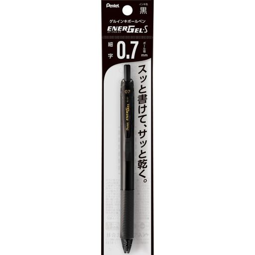 【特長】スッとかけてサッと乾くゲルインキボールペン 【インキ色】黒 【ボール径】0.7mm 【材質】軸・クリップ・ノック=再生PP、グリップ=エラストマー 【1本あたりサイズ/重さ】幅 16mm x奥行 11mm x 長さ 147mm/12g