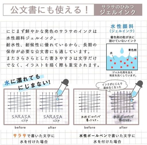【サラサクリップ】色数豊富でさらさら書き味としたボールペン 【特長】さらさらとしたなめらかな書き味/耐水性に優れた水性顔料インク/濃くにじまず鮮やかな発色 【使用用途推奨】事務用やノート書きに! 【仕様】軸:樹脂・ラバーグリップ付き/ペン先:エアタイトシステム搭載/クリップ:バインダークリップ式 【5色】コバルトブルー、ライトブルー、ライトグリーン、オレンジ、ピンク