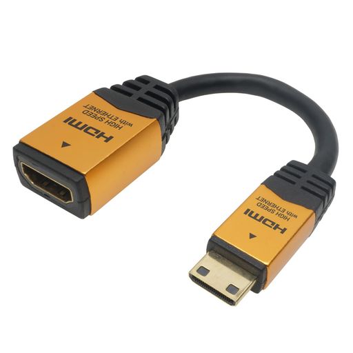 コネクタ形状:HDMI(タイプA/メス)-HDMIミニ(タイプC/オス) コネクタサイズ ・HDMI(タイプA/メス):W約20.5 x H約11.3 x D約37.5 mm ・HDMIミニ(タイプC/オス):W約13.0 x H約8.0 x D約35.2 mm ケーブル直径:約5mm ケーブル長:7cm 袋パッケージ
