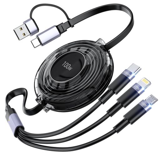 【100W】3IN2 充電ケーブル巻き取り式【100W PD対応/3台同時充電】3イン2 充電コード PD3.0/QC3.0超高速充電 超高耐久 IPHONE15シリーズ充電ケーブル MACBOOK PRO/IPAD PRO/SURFACE