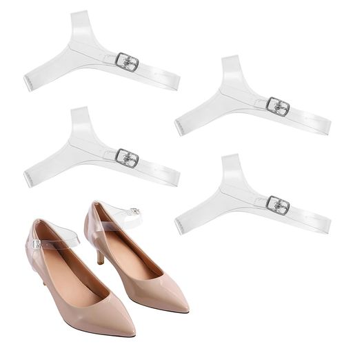 👠パッケージ内容:シューズバンドx2ペア 👠主要材質:プラスチック(EVA)、合金 👠軽量で透明なデザイン、着用時に目立たず、着脱が速く 👠靴が脱げやすくてパカパカの音をすることに対応する 👠パンプス、ミュールなどのヒール靴に最適