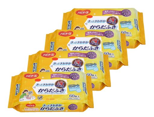 【まとめ買い】さっとさわやかからだふきハビナース60枚入りx4個セット使い捨てラベンダーの香り介護大人用高齢者厚手防災用品にも凸凹シートウェットタイプノンアルコール230x200MM日…