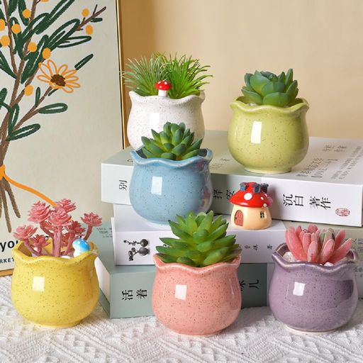 siawadekyかわいい植木鉢6個セットおしゃれ多肉植物鉢マカロンカラーセラミックス製プランターポット丸型サボテン鉢ミニ植物適用ガーデニングホームオフィス庭の装飾プレゼント排水穴…