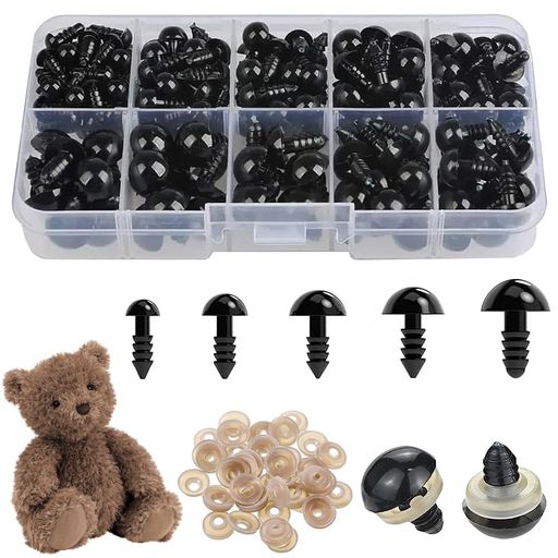 ぬいぐるみ目人形の目丸型目玉約100個入りドールアイぬいぐるみ黒目動物人形おもちゃ手芸パーツ手作りDIY縫製パーツ材料5サイズ(6mm/8mm/9mm/10mm/12mm)ワッシャー付きブラック