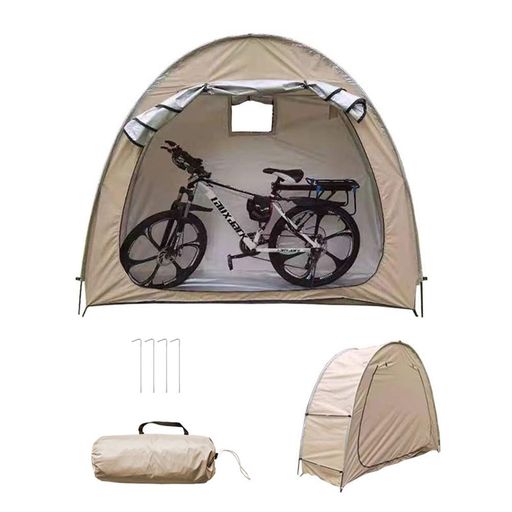 【仕様】自転車テント展開サイズ:200x80x165cm、折りたたみサイズ:44x15x15cm、大人用自転車2台収納可能。【重量】 2.5kg【カラー】 グリーン、ブラック、カーキ 【便利な機能】サイクルハウスは出入り口はチャック式で横一面が大きく開口します。開けた扉部分の生地は丈夫で固定する事が可能です。背面には換気口もあります。内部の壁面に小物入れポケットもあり非常に便利です。 【簡単な組み立て】工具は必要ありません。組み立てには10分もかかりません。フレームのポールをまっすぐにしてテントのポールを入れる生地のトンネルに通します。両サイドのポールを通し終わったら横に短いポールを設置して完成です。 【持ち運びに便利】折り畳み式の為、キャンプなどに行った際の自転車の簡易保管にも非常に便利です。持ち運びに便利な専用収納バッグが付属しています。テントは折りたたみ可能で、付属の収納バッグにすべてのパーツが収まります。 【幅広い用途】自転車用テントとしてだけでなく、簡易物置きとして、園芸工具、家具、芝刈り機、クーラー、プールやおもちゃなどの収納テントとしても使用できます。