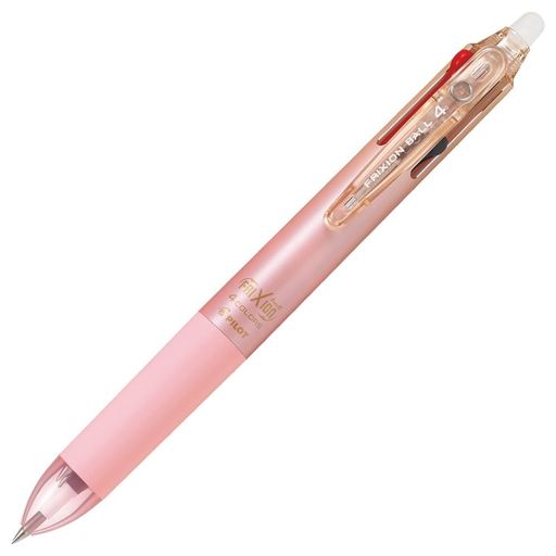 1本で4色を使い分けでき、何度でも書き消し可能なボールペン 【本体サイズ】 最大径 13.8x全長145mm / 重量15.6g 【ペン先】 超極細 0.38mm 【方式】 スライドレバー式 【グリップ】 ラバー 【インキ】 フリクションインキ 【インキ色】 黒・赤・青・緑