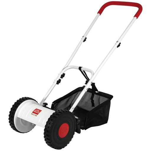 サイズ:約長さ1200x幅350x高さ720mm(ハンドル組立時)、重量:約5.6kg 刈高さ4段階調整:15・25・35・40mm 切り幅:約200mm、タイヤ幅:約220mm 刃部仕様:リール式5枚刃(固定刃+回転刃)、他仕様:折りたたみ集草バッグ 固定刃:40Mn(HRC38~42)、回転刃:65Mn(HRC22~32)