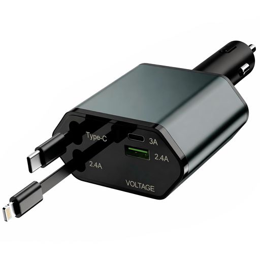 シガーソケット 車載充電器 4in1 急速充電 ケーブル内蔵 Type-C Lightning 同時4台充電可能 LED電圧表示 iPhone/iPad/Galaxy/AQUOS/Xperia対応 旅行 出張 銀色