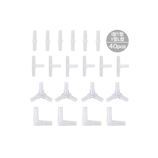 セット内容:40個入。Y型コネクタx10個、T型コネクタx10個、L型コネクタx10個、I型コネクタx10個 サイズ:外径約4.5mm、内径約3mm。(詳細は画像をご参照ください。) 素材:プラスチック製カラー:透明色 直径4mm/6mmの...