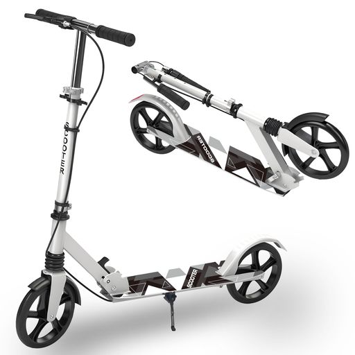 【安定した滑走を実現】ホイール直径8インチ(20CM)、さらに車輪が大きい前輪には衝撃吸収サスペンションシステムが装備されており、内蔵されたスプリングが振動の一部を吸収し、多少のガタガタ道や凸凹道、砂利道でもスムーズに走行でき、快適で安全な走行を実現します。 【安全性向上】ハンドルブレーキとフットブレーキを搭載することで安全性UP。同時にブレーキングできて瞬時に停車が可能、雨の日でも十分な制動力を発揮します。デッキ面が滑り止め加工を施したことで、安心で快適な滑りをサポートできるキックボード。 【4段階高さ調節】ハンドルの高さは4段階(83cm、88cm、93cm、98cm)に調節可能で、身長に合わせて調節できます。お子様から大人まで楽しめます!耐荷重は150kgと耐久性に優れており、遊びの際の安全性が大幅に向上しています。プレゼントとしても最適です。 【折り畳み式&amp; 持ち運び便利】 自立可能な折りたたみ式スタンドを装備し、出先でも置き場所に困らずとても便利です。キックボード自体も折りたたむとコンパクトで場所を取らないため、玄関などの室内保管や車のトランクに収納しても問題ありません。