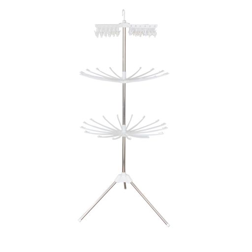 【製品仕様】サイズ:(約)直径66x高さ168cm;重量:1.3kg;材質:ステンレス+ポリプロピレン。 【折りたたみ可能】省スペースな折りたたみ式で、使わない時はパラソルを閉じるだけでコンパクトに折りたためます。狭いアパートや収納スペースが限られている家庭でも邪魔になりません。収納場所に困らず、必要なときだけ広げて使える便利さがあります。場所を取らない 物干しハンガーです。 【シンプルで使いやすい】軽量で設計されていることが多く、屋内外を問わず簡単に持ち運ぶことができます。天気が悪くなったときに屋外から室内に移動するのもスムーズで、力をあまり必要としません。最上部のみを取り外して竿に掛ければ、ピンチハンガーとしても使用できます。 【安定性&amp;耐久性】脚は4本構造になっているので安定感優れて、洗濯物を多く干してもぐらつかない製品が多く、長期間使える耐久性も備えています。 【屋外と室内の両方で活躍】屋外で使用すれば太陽光で洗濯物を効率的に乾かすことができ、室内では雨の日や花粉の多い季節にも活用できます。室内用のモダンなデザインを採用されており、部屋の美観を損なわない工夫がされています。