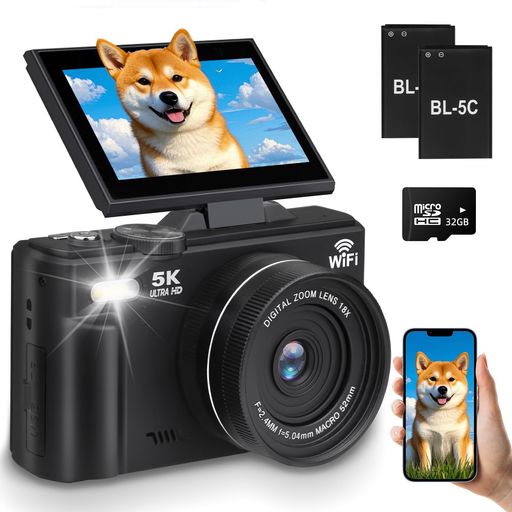 【デジカメ 5K &amp;75MP】このデジタルカメラは高画質CMOSセンサーを搭載しており、7500万画素の写真と5K 解像度のビデオを撮影できます。7500万画素により、細部まで豊かな画像が保証され、よりリアルにし、細部までこだわった表現が可能となり、驚くべき視覚体験を提供します。一眼レフ並みの精密描写で、子どものまつ毛一本までくっきり記録します。5K動画はYouTube投稿に最適なクオリティです‌。夜景撮影時もノイズ少なく、SNS映えする作品が手軽に作成可能です。旅行先の風景も質感そのまま保存できます。 【AFオートフォーカス&amp;18倍デジタルズーム】AFオートフォーカス機能により、シンプルな操作で自動的にピントを合わせて、初心者でも鮮明的に写真を撮ることができます。この5Kコンパクトカメラは18倍デジタルズームをサポートしており、カメラを撮影したり録画したりする際に、W/Tボタンを使用して拡大または縮小することで、細かいクローズアップレンズや遠くの物体を捉えることができます。 【Wi-Fi機能&amp;ウェブカメラ機能&amp;一時停止機能】Wi-Fi機能を搭載し、スマホやタブレットと簡単に接続可能です。
