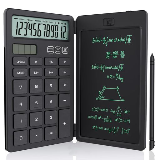 NEWYES電卓付き電子メモパッドソーラー充電可折りたたみ式ワンタッチ消去多機能計算機デジタルペーパー電卓12桁使いやすい小型6インチコンパクトデジタルメモ帳職場家庭仕事用黒