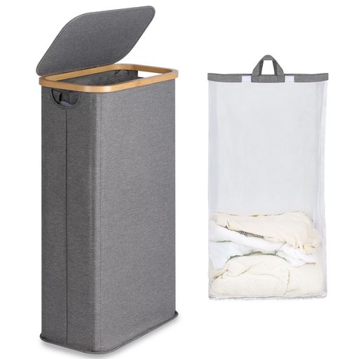 洗濯かごランドリーバスケット折りたたみスリムランドリーバスケット容量63Lフタ付き竹製フレーム折りたためる防水洗濯かごおしゃれ撥水加工ランドリー収納洗濯カゴスリムインナー袋…