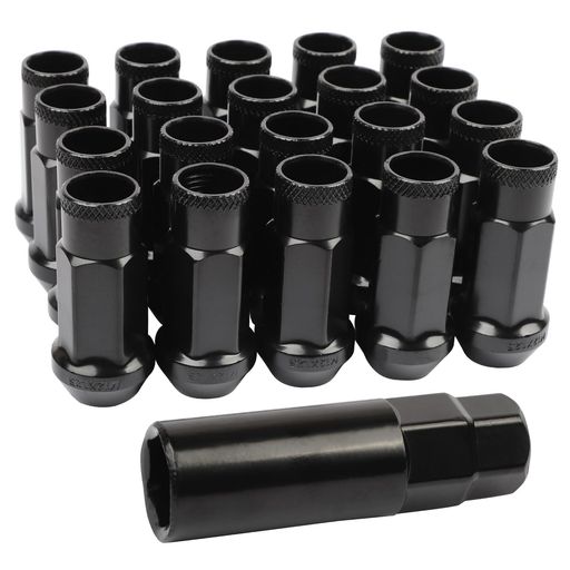 M12xP1.25高さ48mmホイールナットスチール製タイヤナットレーシングナットホイールロックナット20個セット貫通ナットカラーナット盗難防止ロックナット専用ソケット付き(ブラック)