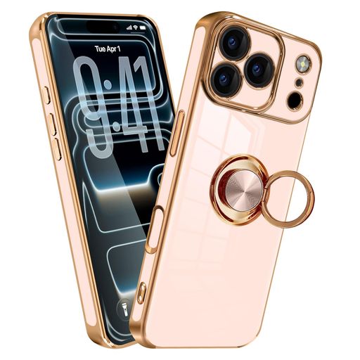 樂天商城 - いphone17proケースリングiPhone用17pro耐衝撃スマホケースリング付きTPUカバー車載ホルダー対応ストラップホール付きメッキ加工ピンク