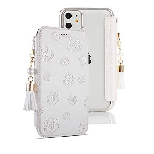 iPhone13手帳型スマホカバー花柄化粧鏡付き6.1インチ対応大人エンボス工芸レザーいPhone13カバー手帳型かわいい背面クリア薄型軽いスペシャルな配色カード収納付き小銭入れストラップ付き…