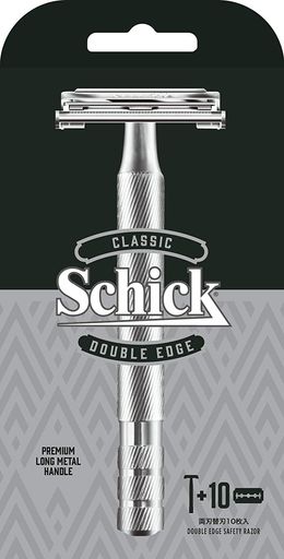 1921年創業のSCHICKブランドによる本格的なクラシックレザー 3層コーティング加工の刃で快適な深剃り こだわりのクラシック:プレミアムメタルホルダー 替刃交換が簡単なバタフライタイプ 内容:ホルダー(1本)、3層コーティング・ステンレス製替刃(10枚)