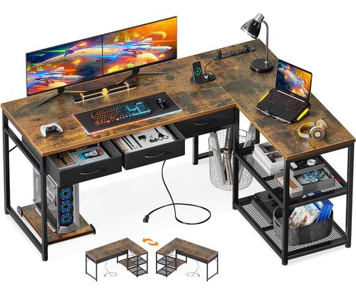 ODKゲーミングデスク引き出し3杯パソコンデスクコンセント付きl字デスクデスク机幅135pcデスク棚付き収..