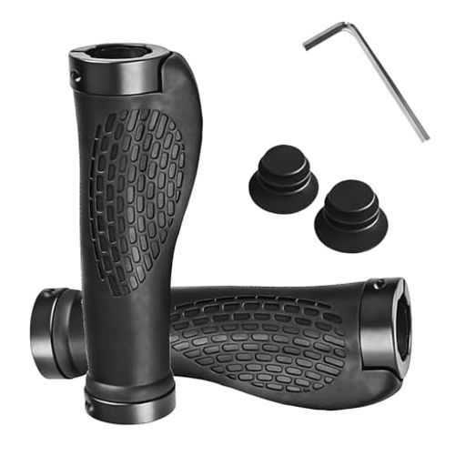 【確実な22mm適合】ブラック。内径22mmの自転車ハンドルに確実に適合します。高品質PEゴム製で、優れた滑り止めと衝撃吸収性を兼ね備え、快適な走行をサポートします。(*使用前に温水に数分間浸すと、ゴムが少し柔らかくなり膨張するため、取り付けがより容易になります。)ご購入前に、ご使用の自転車のハンドル(グリップ部分)の直径をご確認ください。 【 確実な固定で安全性を追求】両サイドにアルミ合金製のロックリングを採用。グリップの緩みやズレを防ぎ、走行中の安全性を高め、安心してご利用いただけます。 【 手に馴染む快適な握り心地】人間工学に基づいた形状デザインで、手になじみやすく、長時間のライディングでも疲れにくい、快適なグリップ感を実現しました。 【 付属品が充実で簡単設置】必要なインストールツール(内六角レンチとダストキャップが付属)やダストキャップが同梱。購入後すぐに簡単に取り付けることができます。 【多様な自転車タイプに対応】22mmのハンドル径に対応しているため、マウンテンバイク、クロスバイク、ロードバイクなど、様々なタイプの自転車でご使用いただけます。(ご購入前に、ハンドルバーの内径をご確認ください。