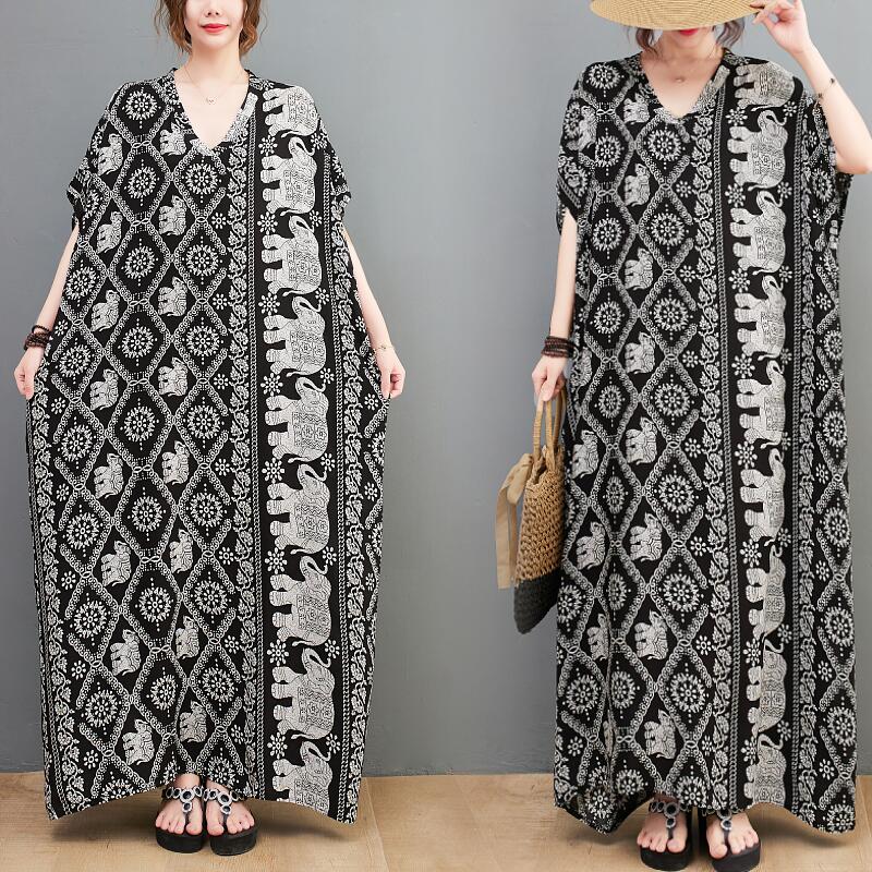 総柄 マキシワンピース リゾートワンピース 象 象柄 プリント エスニックワンピース レディース 半袖 マキシ丈ワンピース Vネック ゆったり 体型カバー マタ...
