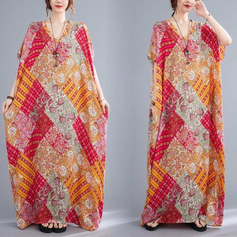 ワンピース 春 夏 半袖 レディース リゾートワンピース 50代 きれいめ 総柄 プリント エスニック風 マキシワンピース Vネック ロングワンピ ゆったり マ...