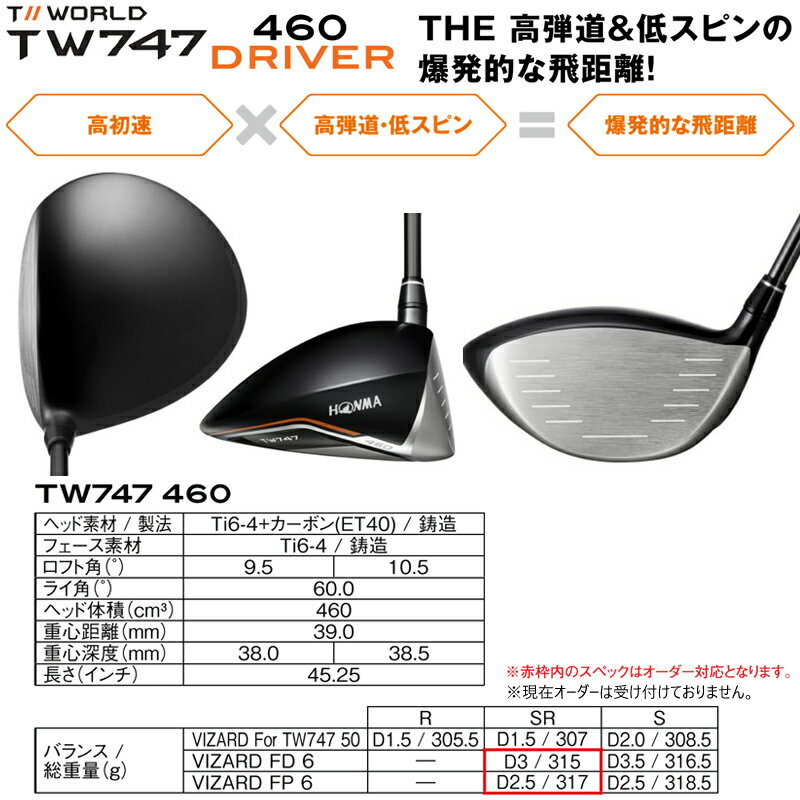 本間ゴルフ(ホンマ/HONMA) ツアーワールド TW747 460 ドライバー 右用 ヴィザード TW747 50 カーボンシャフト 2