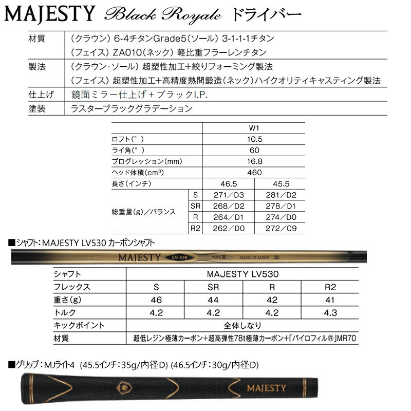 マジェスティ(MAJESTY)ブラックロイヤル(BlackRoyale)ドライバーMAJESTYLV530カーボンシャフトマジェスティソムリエ在籍店限定モデル