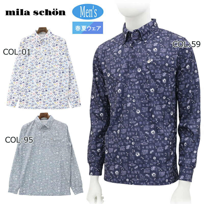 Shirts - 【ネコポス配送可能】ミラショーン milaschon 7335173125 メンズ ポロシャツ 長袖 ボタンダウン 吸汗速乾 総柄 UVケア ゴルフウェア スポーツウェア 春夏秋