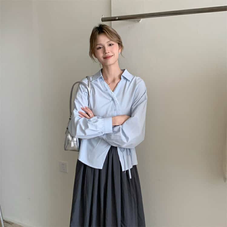 レディース シャツ ブラウス 秋 サイドリボン Vネック レディース 春 シャツ 長袖 バルーンスリーブ きれいめ トップス スリム カジュアル
