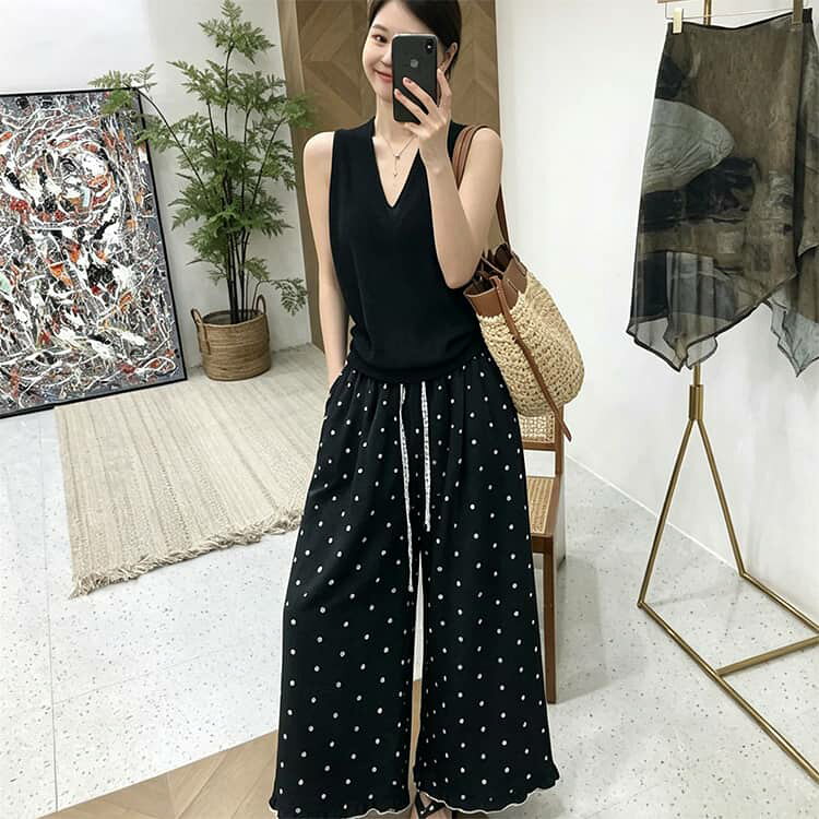 九分丈 レディース チノパンツ 通勤 ワイドパンツ ドット柄 ボトムス ワイドパンツ 脚長効果 フレアパンツ カジュアル ロング丈 お出かけ ハイウエスト 夏 秋 体型カバー 大人 firststep2-10009161 firststep サンプル画像3